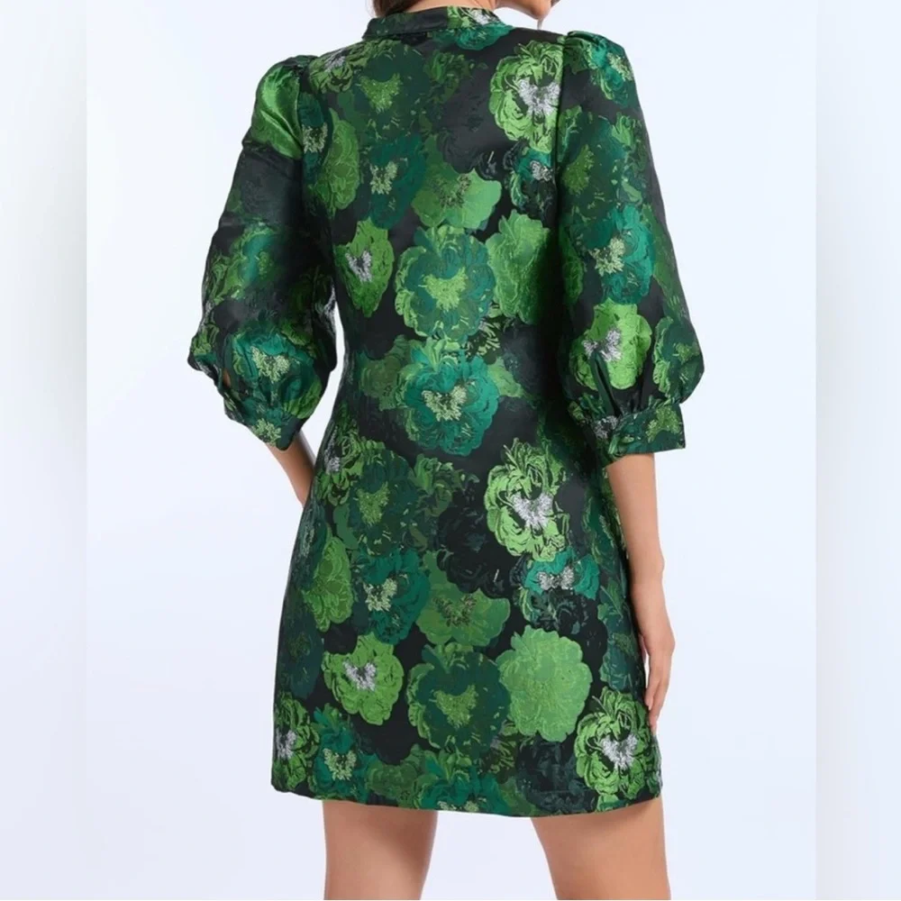 Chic jacquard elegant Green Floral Long Sleeve Dress New | Size M - Picture 3 of 5